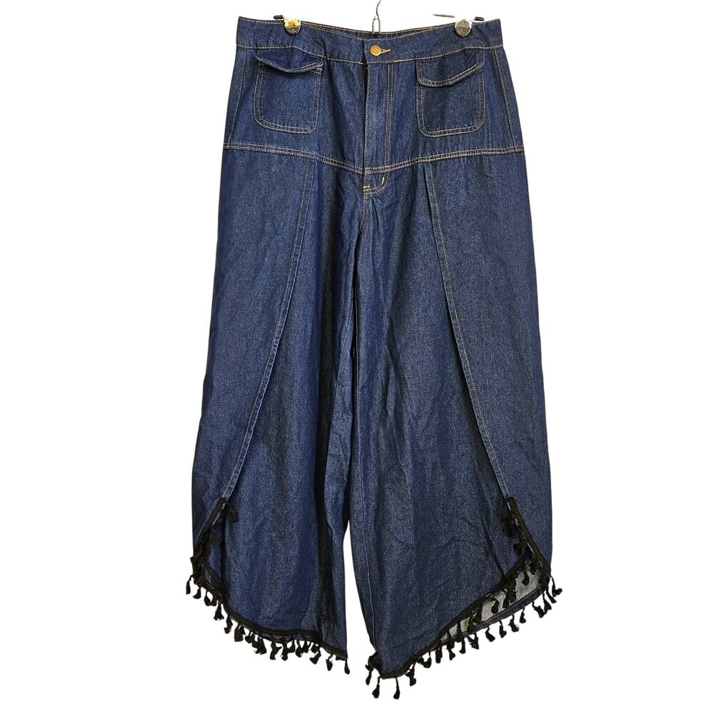 Shein Women's Fringed‎ Denim Pants Size 32 Wide Leg Festival Unique